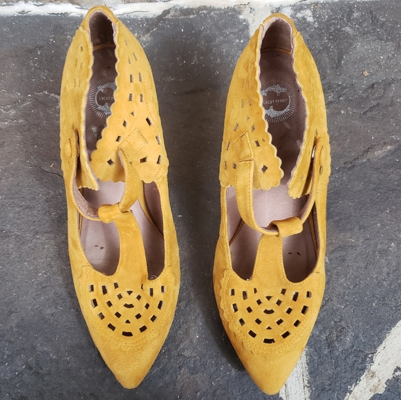 Anthro Lucky Penny 38 Suede Cut Out Yellow Heels. - Picture 2 of 16